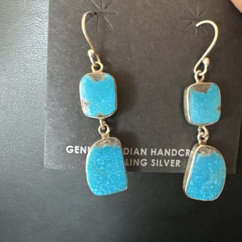 Navajo Blue Kingman Turquoise Dangle Earrings | Sterling Silver | Authentic Native American Handmade | 15111