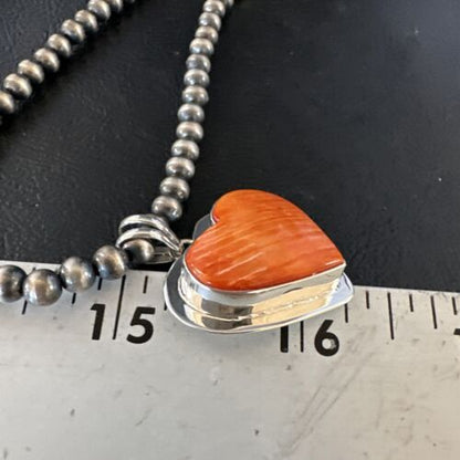 Navajo Orange Heart Spiny Oyster Pendant | Sterling Silver Necklace | Authentic Native American Handmade | 15014
