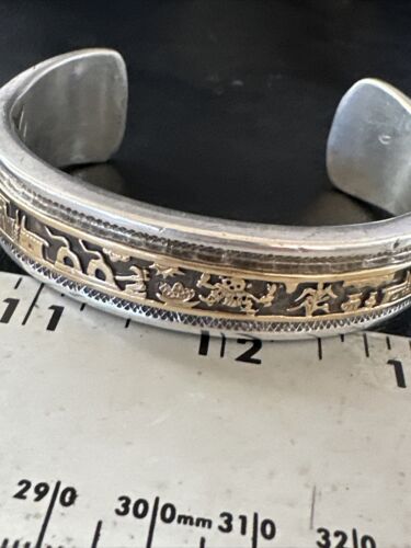 Navajo Sterling Silver Cuff Bracelet | 12K Gold Pueblo Stamped by V Hicks | Authentic Native American Handmade | 15989