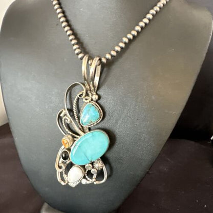 Navajo White Buffalo Kingman Turquoise Sterling Silver Pendant Necklace | 21" | Handmade 15949