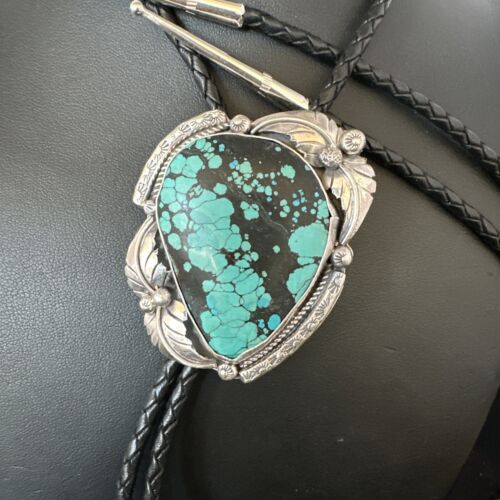 Men's Blue Spiderweb Turquoise Bolo Tie | Navajo Sterling Silver | Authentic Native American Handmade | 15007