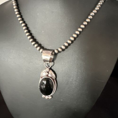 Men's Navajo Pearls Necklace with Black Onyx Pendant | Sterling Silver | Authentic Native American Handmade | 15367