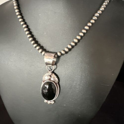 Men's Navajo Pearls Necklace with Black Onyx Pendant | Sterling Silver | Authentic Native American Handmade | 15367