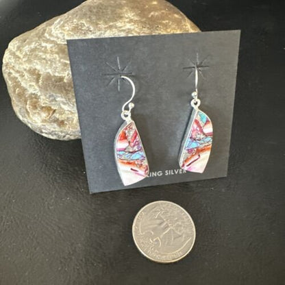 Navajo Blue Turquoise Purple Spiny Oyster Inlay Dangle Earrings | Sterling Silver | 15566