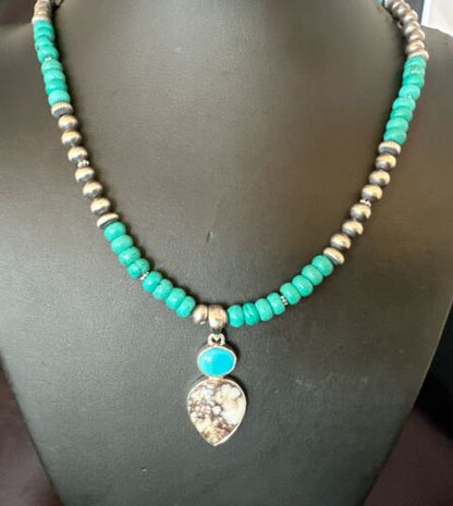 Navajo Wild Horse Blue Kingman Turquoise Necklace | Sterling Silver | Authentic Native American Handmade | 17525