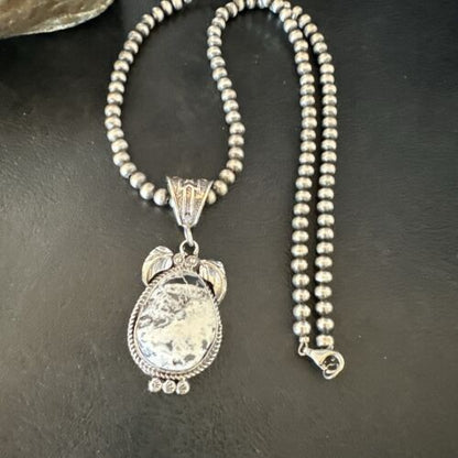 Navajo White Buffalo Turquoise Pendant Necklace | Sterling Silver | Authentic Native American Handmade | 17524