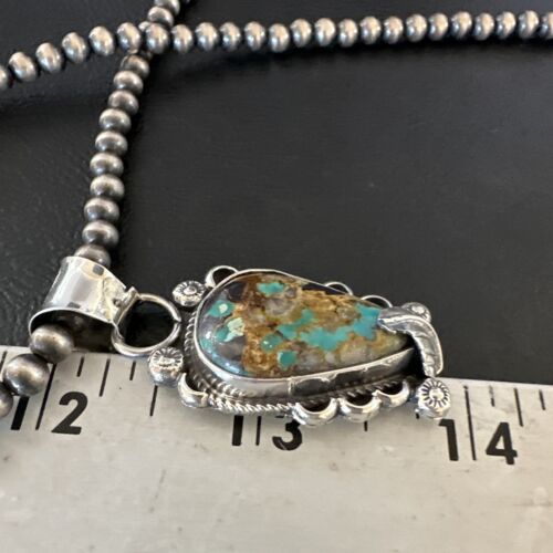 Navajo Blue Turquoise Pendant Necklace | Sterling Silver Pearls | Authentic Native American Handmade | 15657