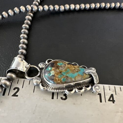 Navajo Blue Turquoise Pendant Necklace | Sterling Silver Pearls | Authentic Native American Handmade | 15657