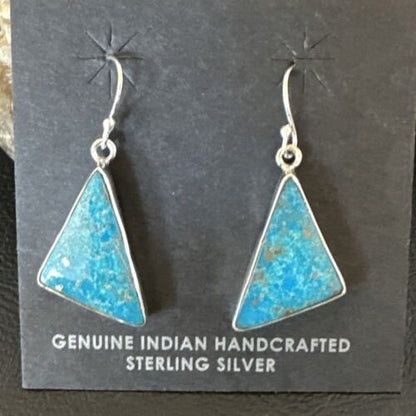 Navajo Blue Turquoise Dangle Earrings | Sterling Silver | 1" | Authentic Native American Handmade | 15801