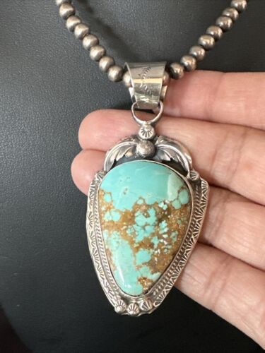Navajo Pearls Sterling Silver Necklace with Blue Turquoise #8 Pendant | Authentic Native American Handmade | 14857