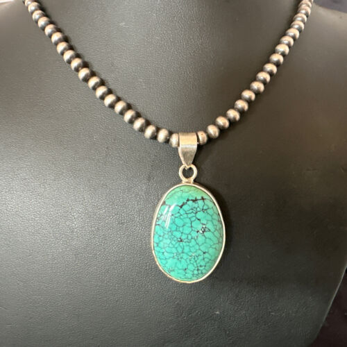 Navajo Blue Spiderweb Turquoise Pendant Necklace | Sterling Silver | Authentic Native American Handmade | 16292