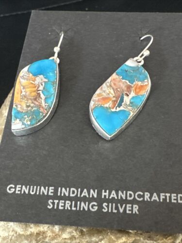 Navajo Blue Turquoise & Orange Spiny Oyster Inlay Dangle Earrings | Sterling Silver | 15585