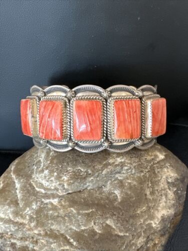 Navajo Spiny Oyster 5 Stone Cuff Bracelet | Sterling Silver | Authentic Native American Handmade | 15862