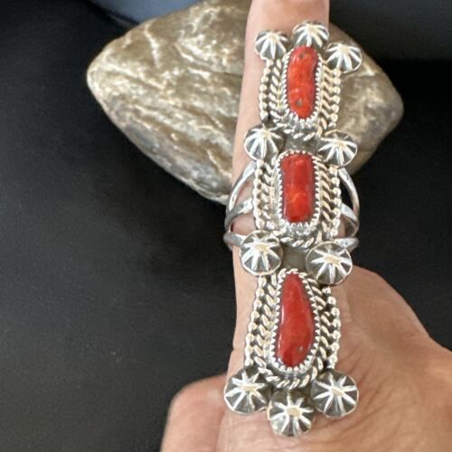 Navajo Red Coral Cluster Ring | Authentic Native American Sterling Silver | Multi-Stone | Sz 11.5 | 16329