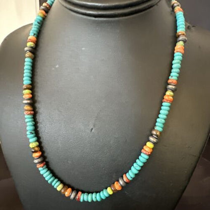 Navajo Blue Turquoise Spiny Oyster Necklace | Sterling Silver | 19" | Authentic Native American Handmade | 17489