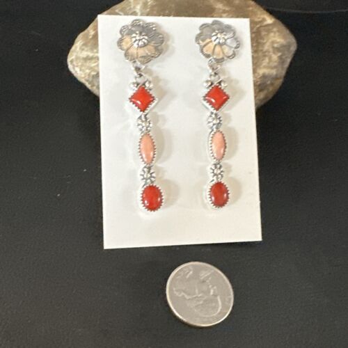 Navajo Red Pink Coral Mother of Pearl Dangle Earrings | Sterling Silver | Authentic Native American Handmade | 15327