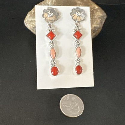 Navajo Red Pink Coral Mother of Pearl Dangle Earrings | Sterling Silver | Authentic Native American Handmade | 15327