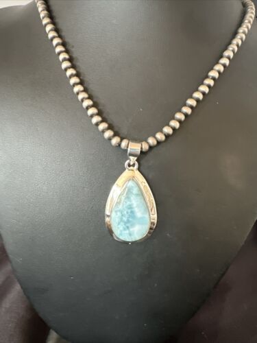 Navajo Blue Larimar Pendant Necklace | Sterling Silver Beads | Authentic Native American Handmade | 17603