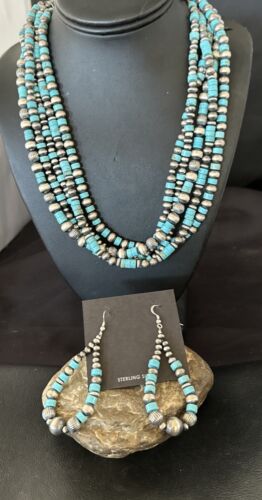 Navajo Sterling Silver 5 Strand 8mm Turquoise Heishi Necklace & Earrings Set | 20" | 17184