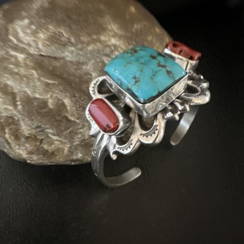 Kingman Turquoise Coral Cuff Bracelet | Navajo Tufa Cast | Sterling Silver | Authentic Native American Handmade | 16780
