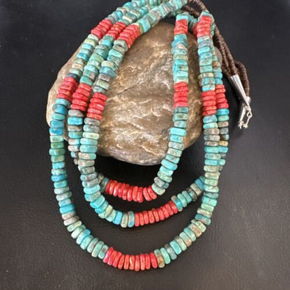 Women's Turquoise Spiny Oyster 3-Strand Necklace | Navajo Pearl Sterling Silver | 15157