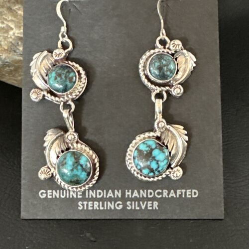 Navajo Blue Spiderweb Turquoise Dangle Earrings | Sterling Silver | Authentic Native American Handmade | 16011