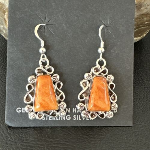 Navajo Orange Spiny Oyster Dangle Earrings | Sterling Silver | Authentic Native American Handmade | 17266