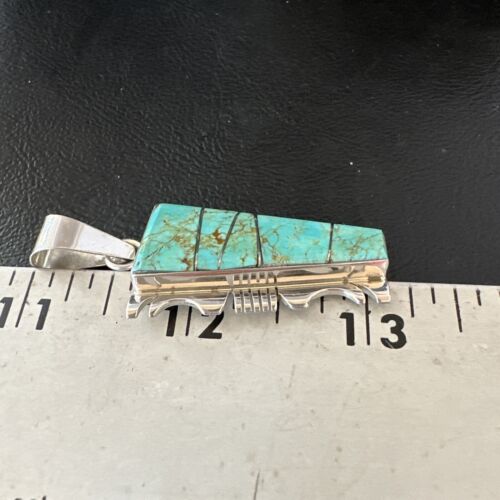 Navajo Blue #8 Turquoise Inlay Pendant | Sterling Silver | 2" | Authentic Native American Handmade | 15685
