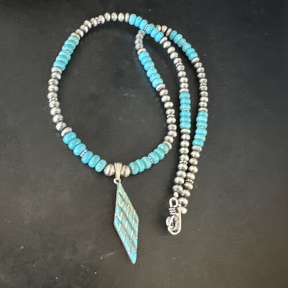 Navajo Blue Turquoise Inlay Pendant | Sterling Silver Necklace | Authentic Native American Handmade | 15421