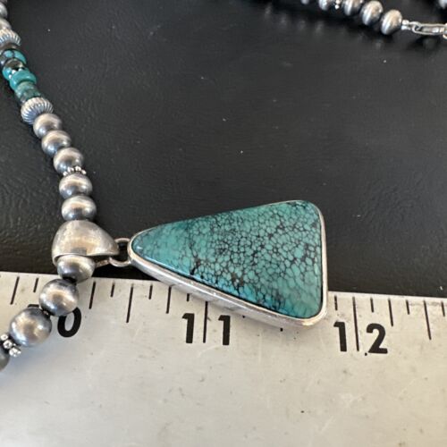 Men's Navajo Blue Spiderweb Turquoise Pendant Necklace | Sterling Silver | Authentic Native American Handmade | 16242