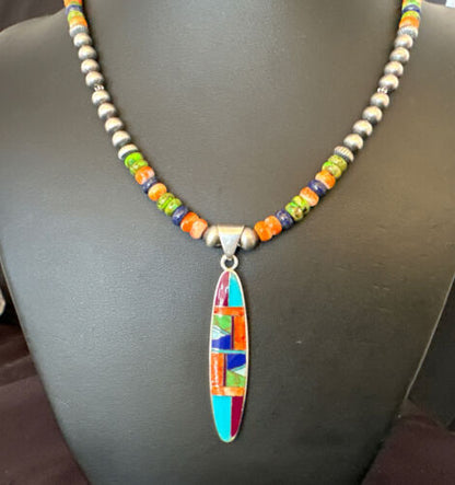 Navajo Lapis Spiny Oyster Turquoise Inlay Pendant Necklace | Sterling Silver | 21" | Authentic Native American Handmade | 16626
