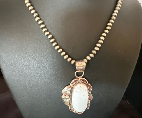 Navajo White Buffalo Turquoise Pendant Necklace | Sterling Silver | Authentic Native American Handmade | 15615