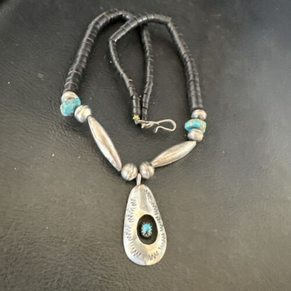 Navajo Blue Turquoise Black Onyx Shadowbox Pendant | Sterling Silver Necklace | 16" | 17542