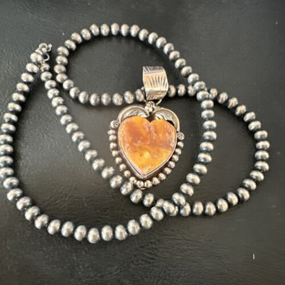 Navajo Orange Spiny Oyster Heart Pendant Necklace | Sterling Silver | Authentic Native American Handmade | 16551