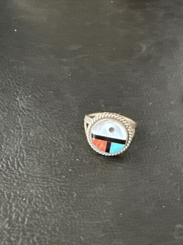 Zuni Pinky Coral Turquoise Onyx Mother of Pearl Inlay Ring | Sz 3 | Sterling Silver | 14918