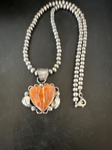 Navajo Orange Spiny Oyster Heart Pendant Necklace | Sterling Silver | Authentic Native American Handmade | 16425