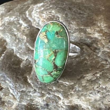 Navajo Green Mojave Turquoise Ring | Sterling Silver | Sz 8 | Authentic Native American Handmade | 15922