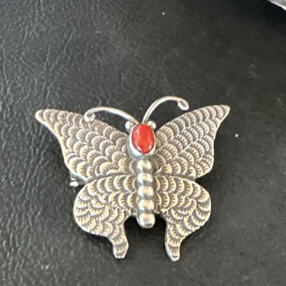 Navajo Butterfly Red Coral Pin Pendant | Sterling Silver | 1.25" | Authentic Native American Handmade | 15526