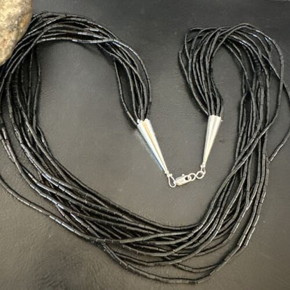 Black Onyx Heishi Tube Necklace | 10 Strand | 24" | Sterling Silver | 16067
