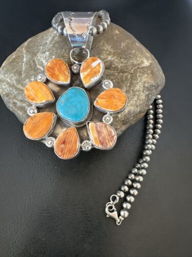 Navajo Blue Turquoise | Spiny Oyster Pendant Necklace | Sterling Silver | Multi-Stone | 16834