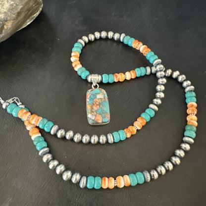 Navajo Spiny Turquoise Pendant Necklace | Sterling Silver | 21" | Authentic Native American Handmade | 17515