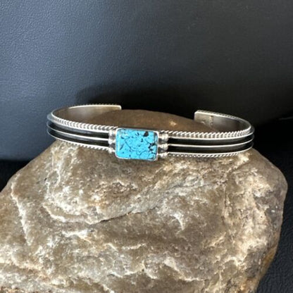 Navajo Blue Turquoise Cuff Bracelet | Sterling Silver | Authentic Native American Handmade | 15161