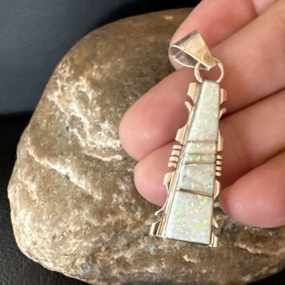 Navajo White Opal Inlay Pendant | Sterling Silver | Authentic Native American Handmade | 15678