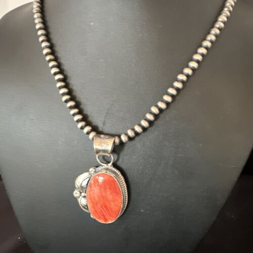Navajo Red Spiny Oyster Pendant Necklace | Sterling Silver | Authentic Native American Handmade | 15633