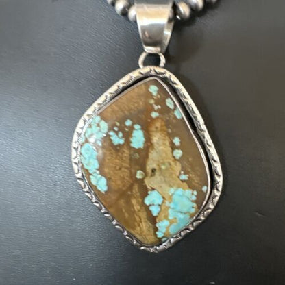 Navajo Blue Turquoise #8 Pendant | Sterling Silver Necklace with Pearls | Authentic Native American Handmade | 16349