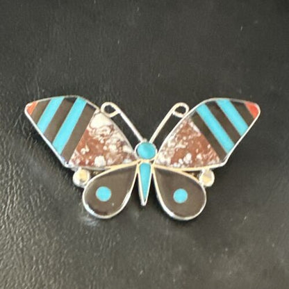 Zuni Butterfly Wild Horse Turquoise Onyx Inlay Pin Pendant | Sterling Silver | Authentic Native American Handmade | 15152