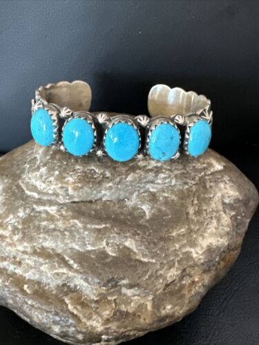 Navajo Blue Kingman Turquoise Cuff Bracelet | Sterling Silver | 5 Stone Design | Women's Jewelry | Authentic Native American Handmade