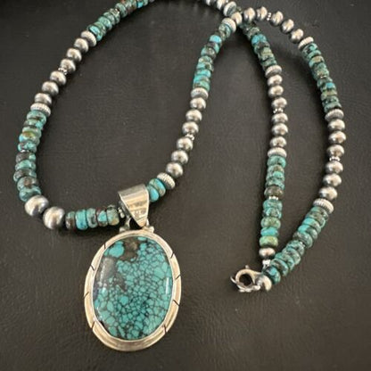 Men's Blue Spiderweb Turquoise Pendant Necklace | Navajo Sterling Silver | Authentic Native American Handmade | 17084