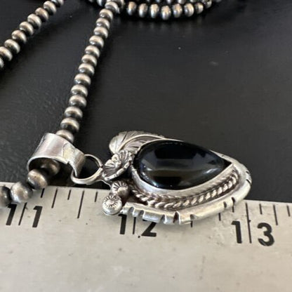 Navajo Pearls Black Onyx Necklace | Sterling Silver | Authentic Native American Handmade | 16130