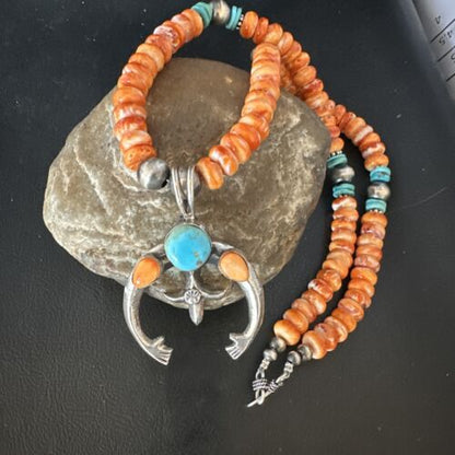 Navajo Blue Turquoise Spiny Naja Pendant Necklace | Sterling Silver | 23" | Authentic Native American Handmade | 14931